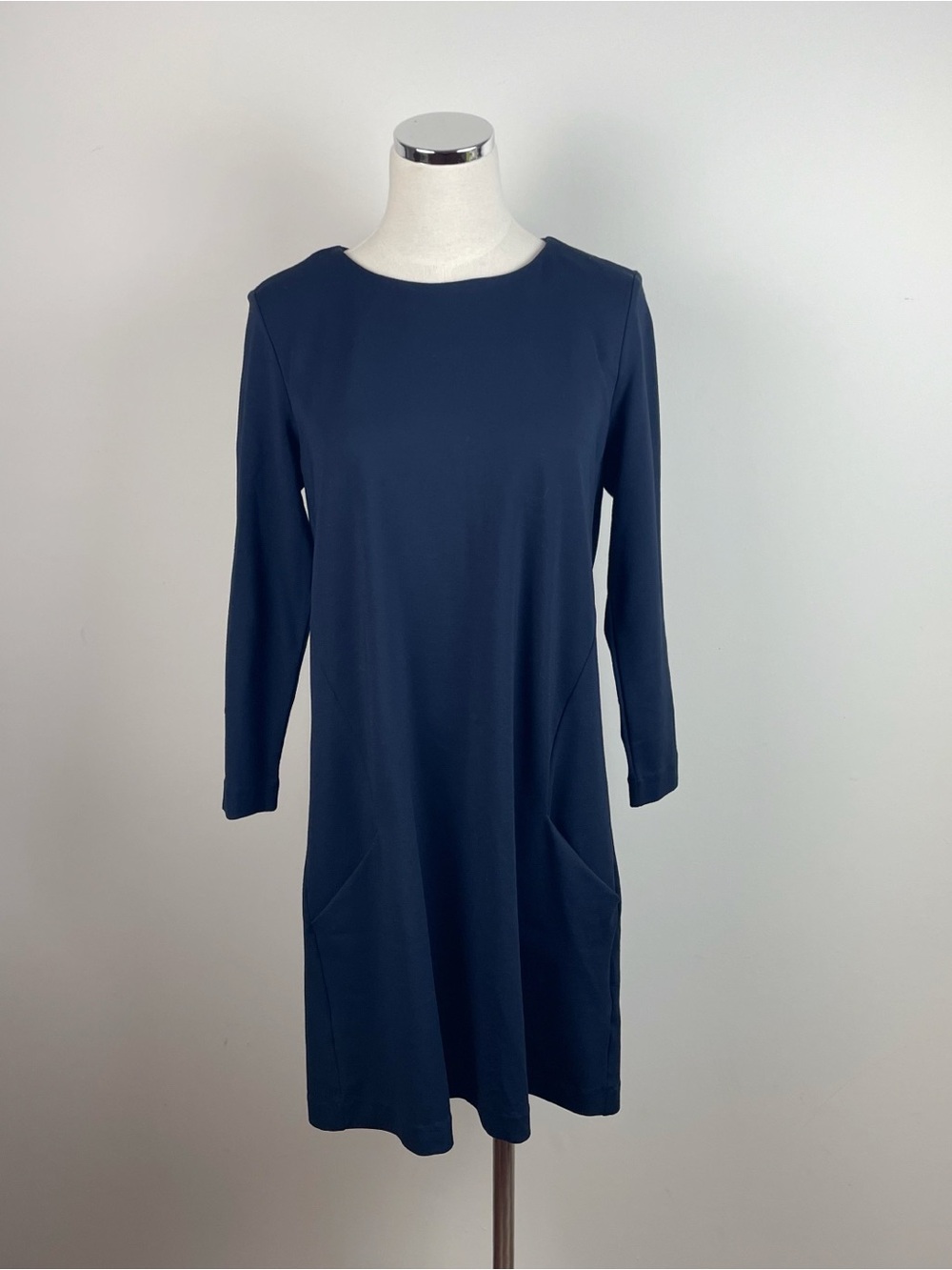 H&M Solid Navy Blue Long Sleeve Dress With Pockets Women Medium